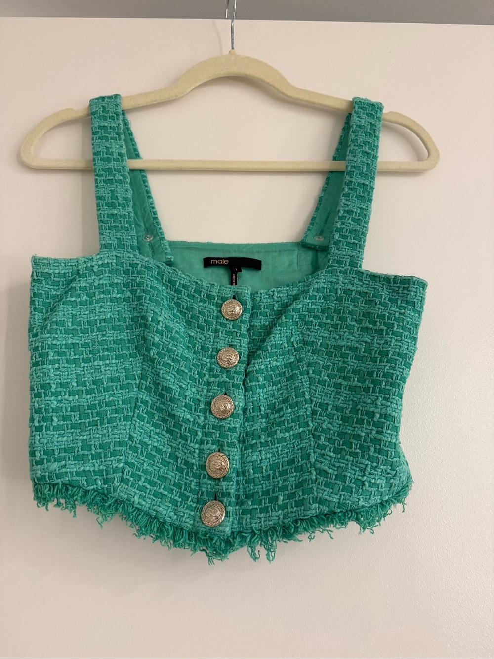 Maje Teal Tweed Cropped Button Tank